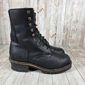 RoadWolf‎ Black Leather Vibram Sole Work Boots Mens Lace Up